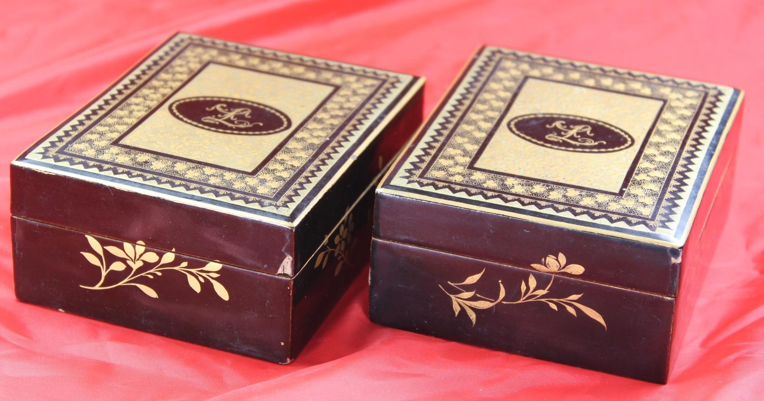 Two 19C lacquer boxes with matching 'L' mono counters